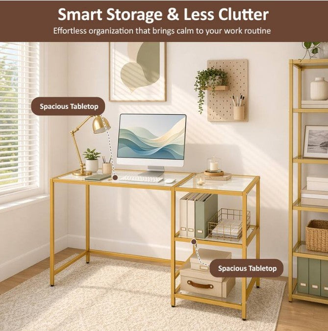 42" Modern Home Office Desk with 2 Open Shelves and Metal Frame, Computer Desk - Golden