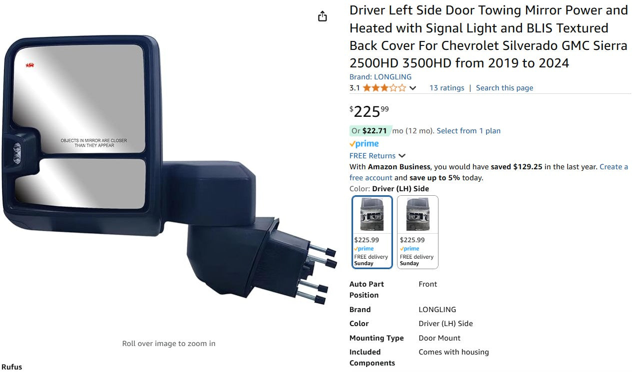 Driver Left Side Door Towing Mirror Power and Heated with Signal Light LongLing