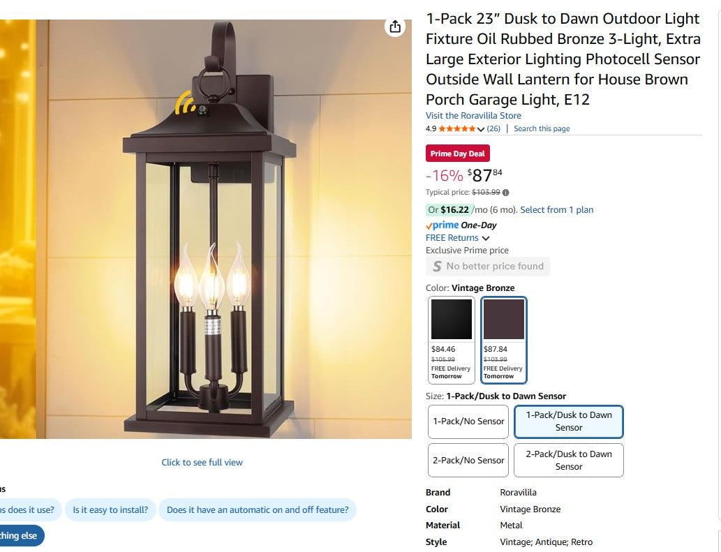 1-Pack 23” Dusk to Dawn Outdoor Light Fixture Oil Rubbed Bronze 3-Light Roravilia