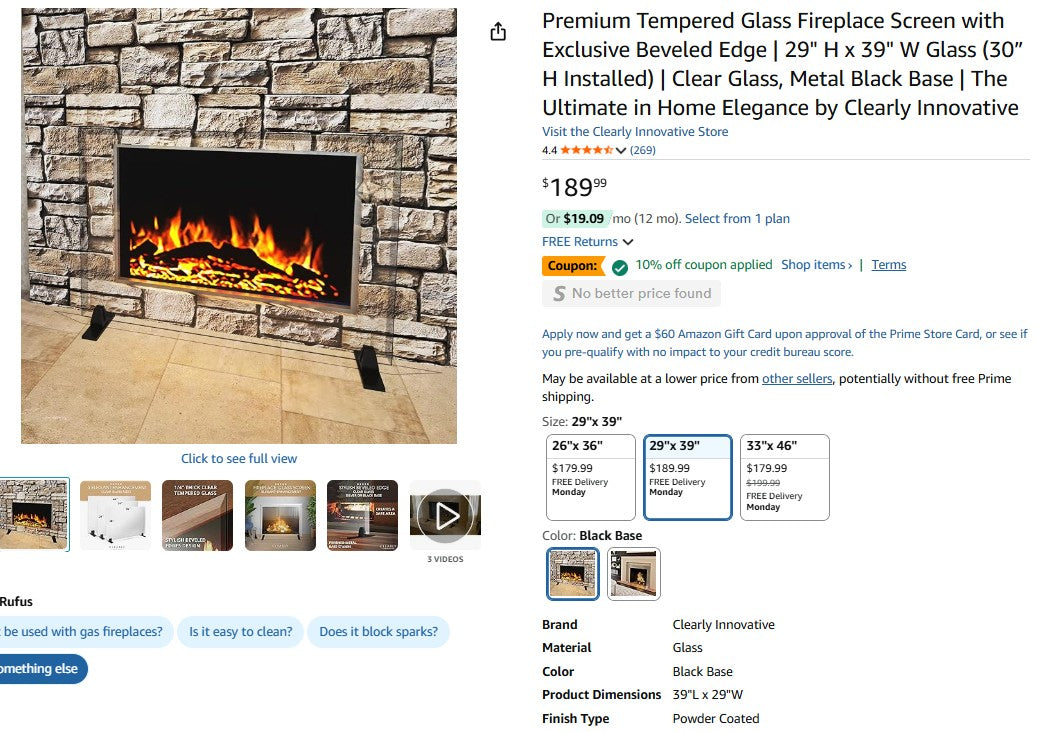 Premium Tempered Glass Fireplace Screen with Exclusive Beveled Edge | 29" H x 39" W Clearly Innovative