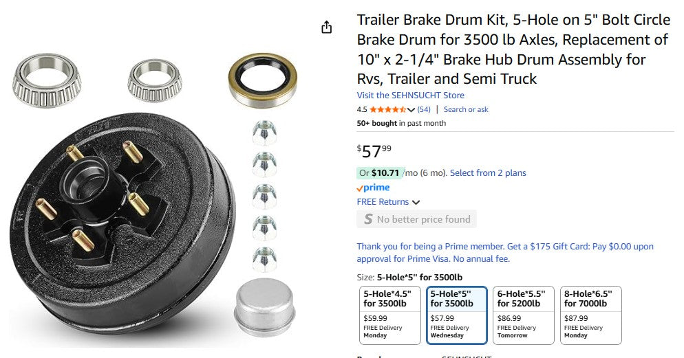 Trailer Brake Drum Kit, 5-Hole on 5" Bolt Circle Brake Drum for 3500 lb Axles SEHNSUCHT