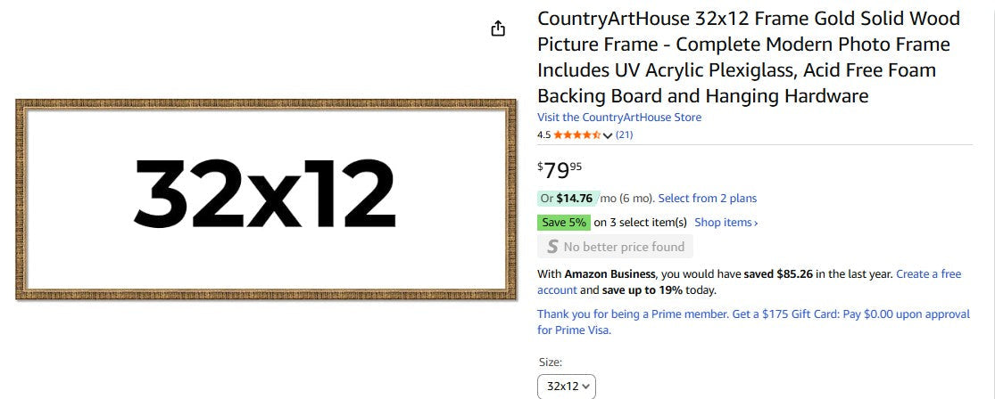 CountryArtHouse 32x12 Frame Gold Solid Wood Picture Frame Country Art