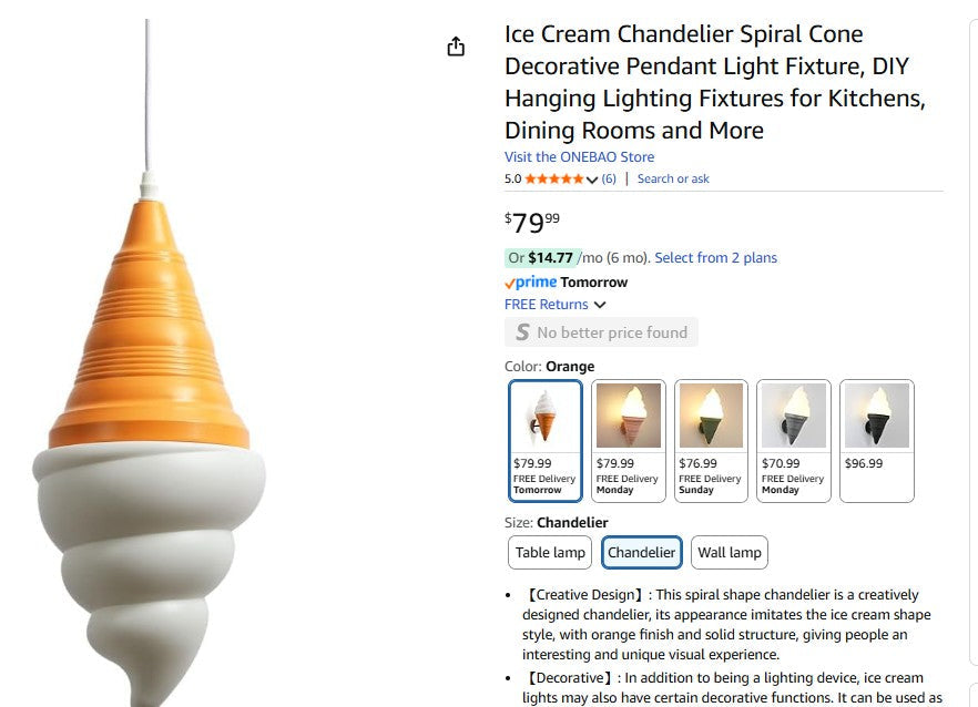 Ice Cream Chandelier Spiral Cone Decorative Pendant Light Fixture Onebao