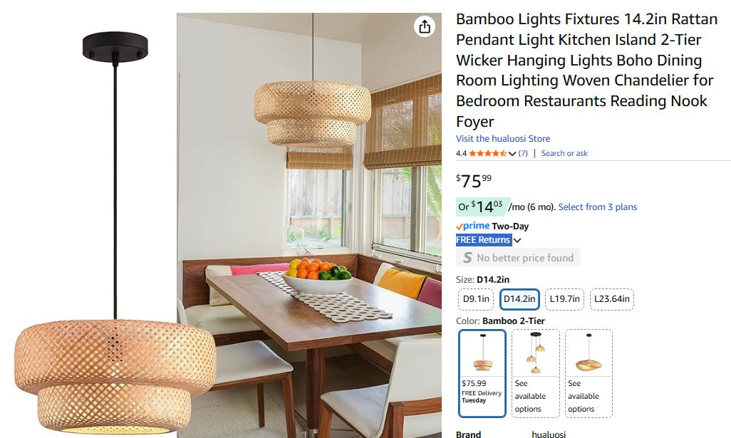Bamboo Lights Fixtures 14.2in Rattan Pendant Light Kitchen Island 2-Tier Wicker Hanging Light Hualuosi