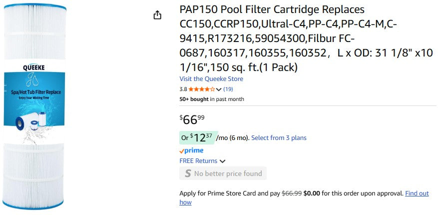 PAP150 Pool Filter Cartridge Replaces CC150,CCRP150 Queeke