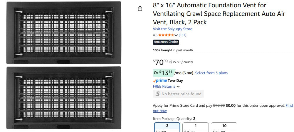 8" x 16" Automatic Foundation Vent for Ventilating Crawl Space Replacement Auto Air Vent, Black, 2 Pack Saiyugty