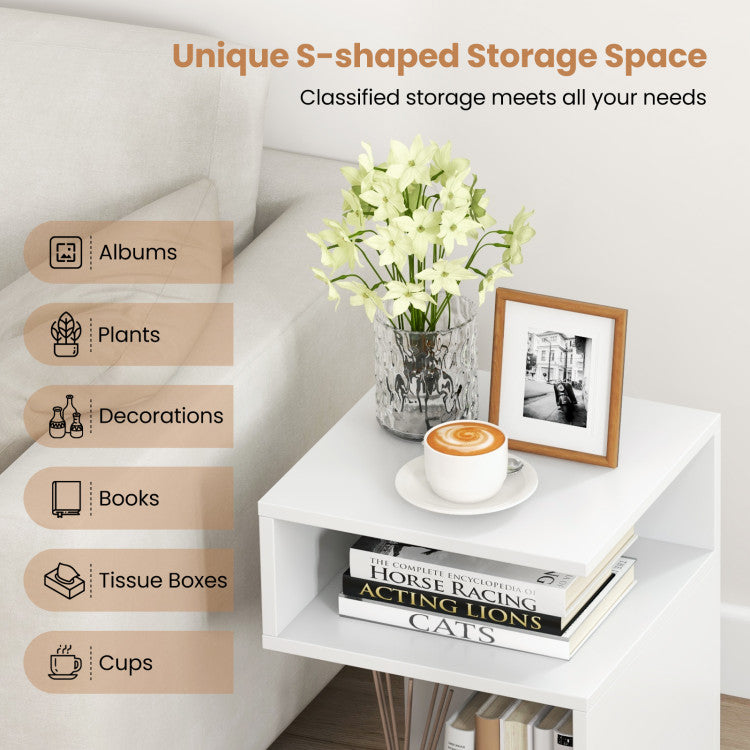 S-Shaped Side Table with Unique S-shaped Frame and 2 Open Compartments