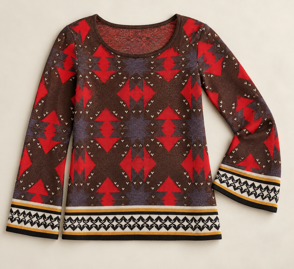 Women’s Ingrid Southwestern Printed Sweater – Flared Sleeves - XL