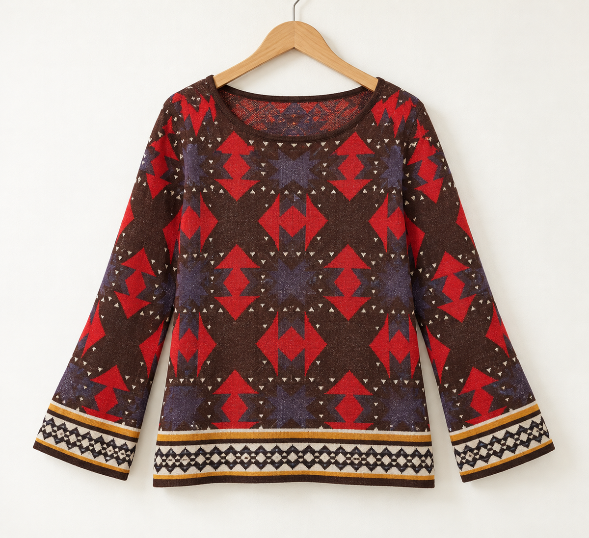 Women’s Ingrid Southwestern Printed Sweater – Flared Sleeves - XL