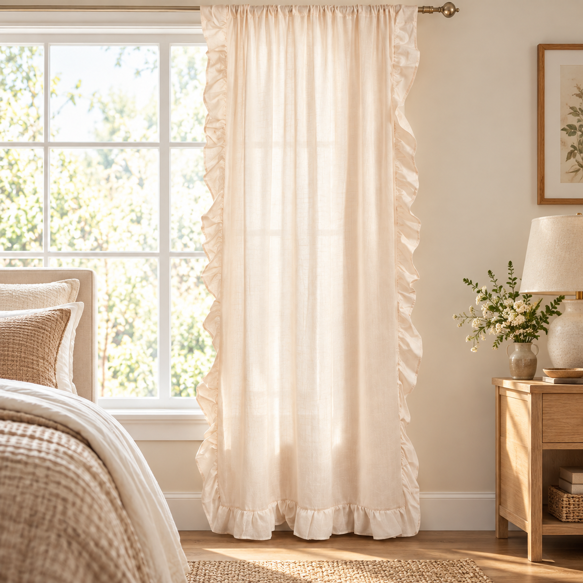 Cream Beige Sheer Ruffled Curtain Panel – 40″ × 63″ – Rod Pocket
