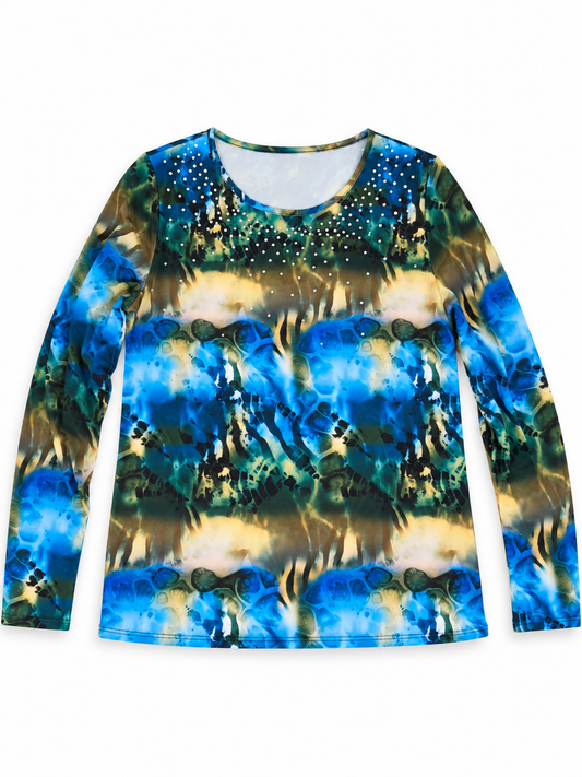 Women’s Embellished Abstract Print Long Sleeve Top – Large