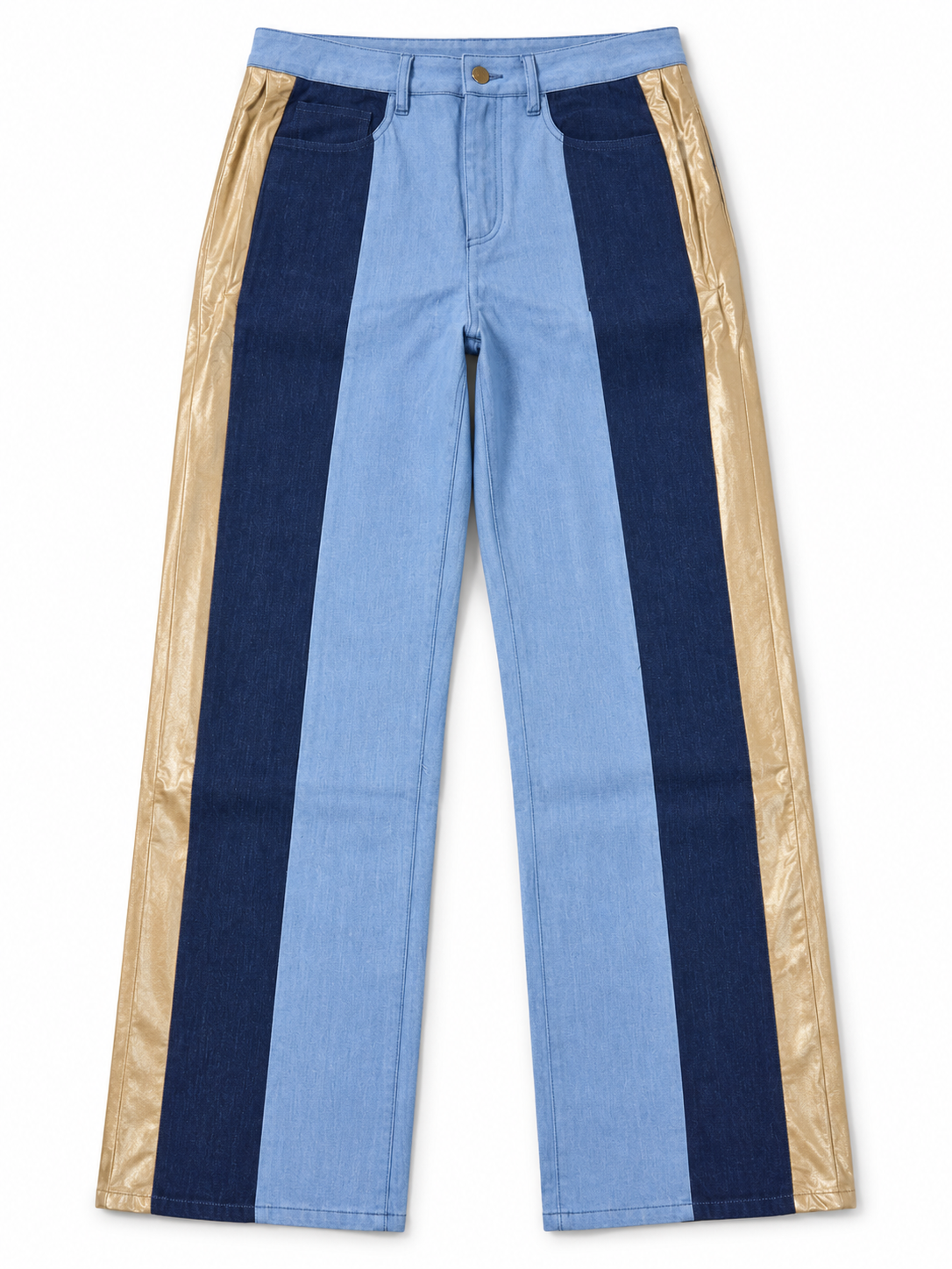 Women’s Two-Tone Blue Denim Pants with Gold Side Stripes – Size 10
