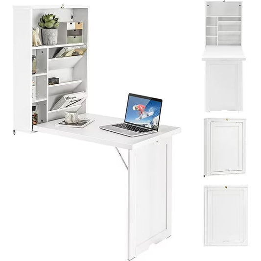 Wall Mounted Folding Desk, 3-Tier Tilt Storage Partition With Adjustable Shelves Costway