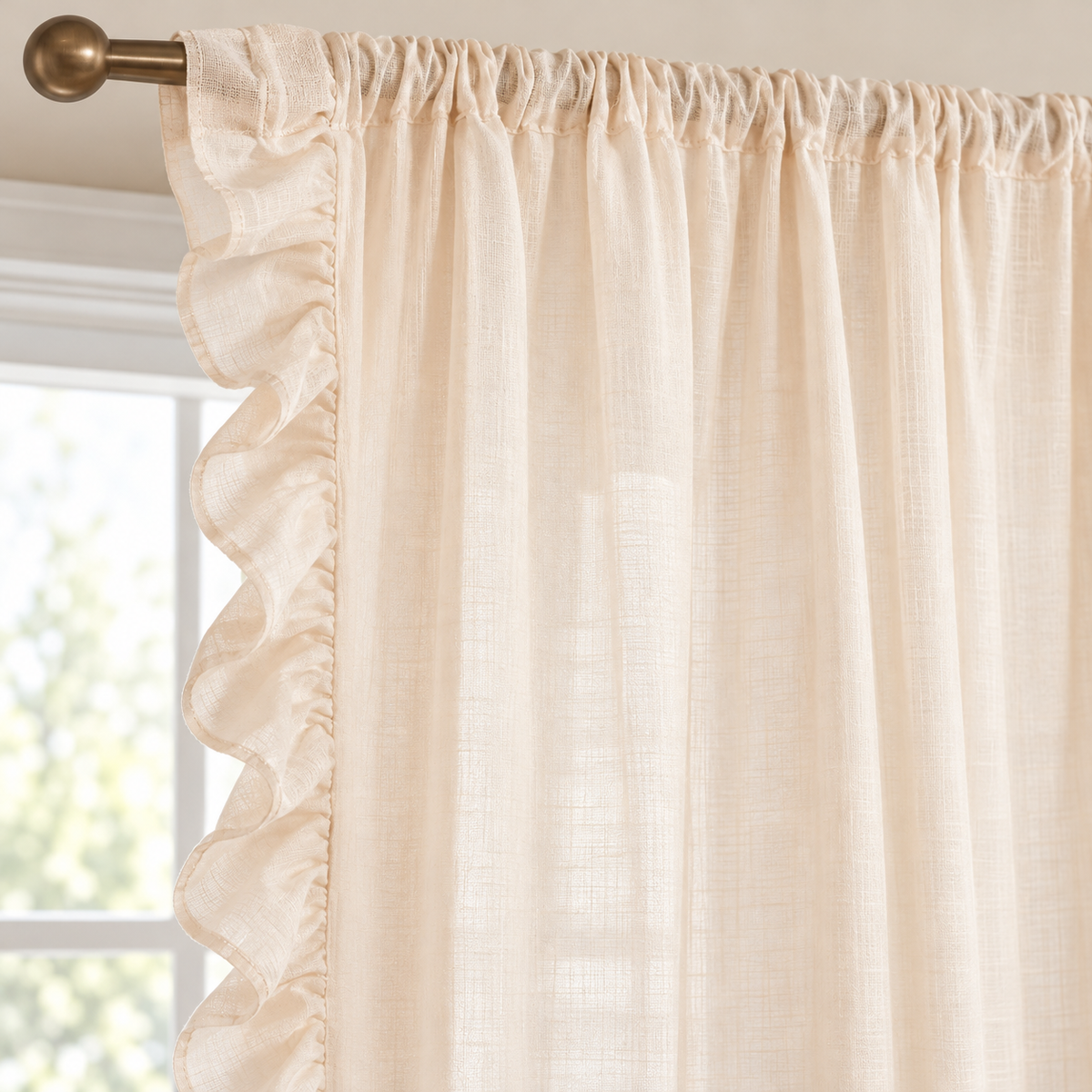 Cream Beige Sheer Ruffled Curtain Panel – 40″ × 63″ – Rod Pocket