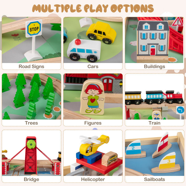 Wooden Train Set Table Kids Multipurpose Activity Play Table with 2 Reversible Tabletops