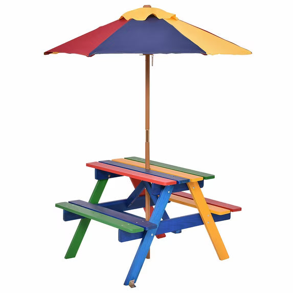 4 Seat Kids Picnic Table w/Umbrella Garden Yard Folding Children Bench Outdoor