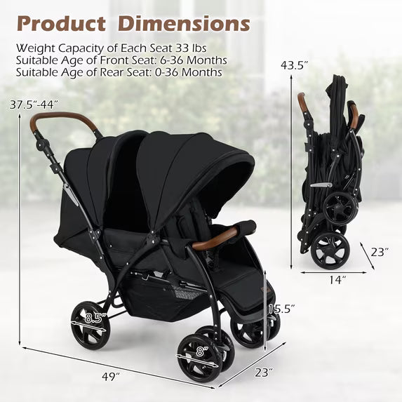 Double Stroller, Foldable Baby Tandem Stroller with Adjustable Backrest Canopy Footrest