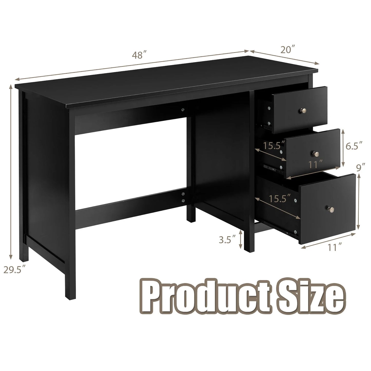 Computer Desk Study Writing Desk Home Office Workstation with 3 Drawers Black Costway