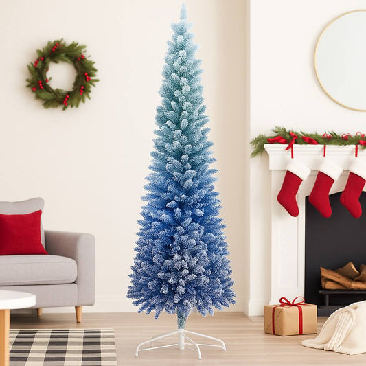 BreeBe - Snowy Gradient 7FT Xmas Tree – Full Artificial Flocked Christmas Tree - Blue BreeBe